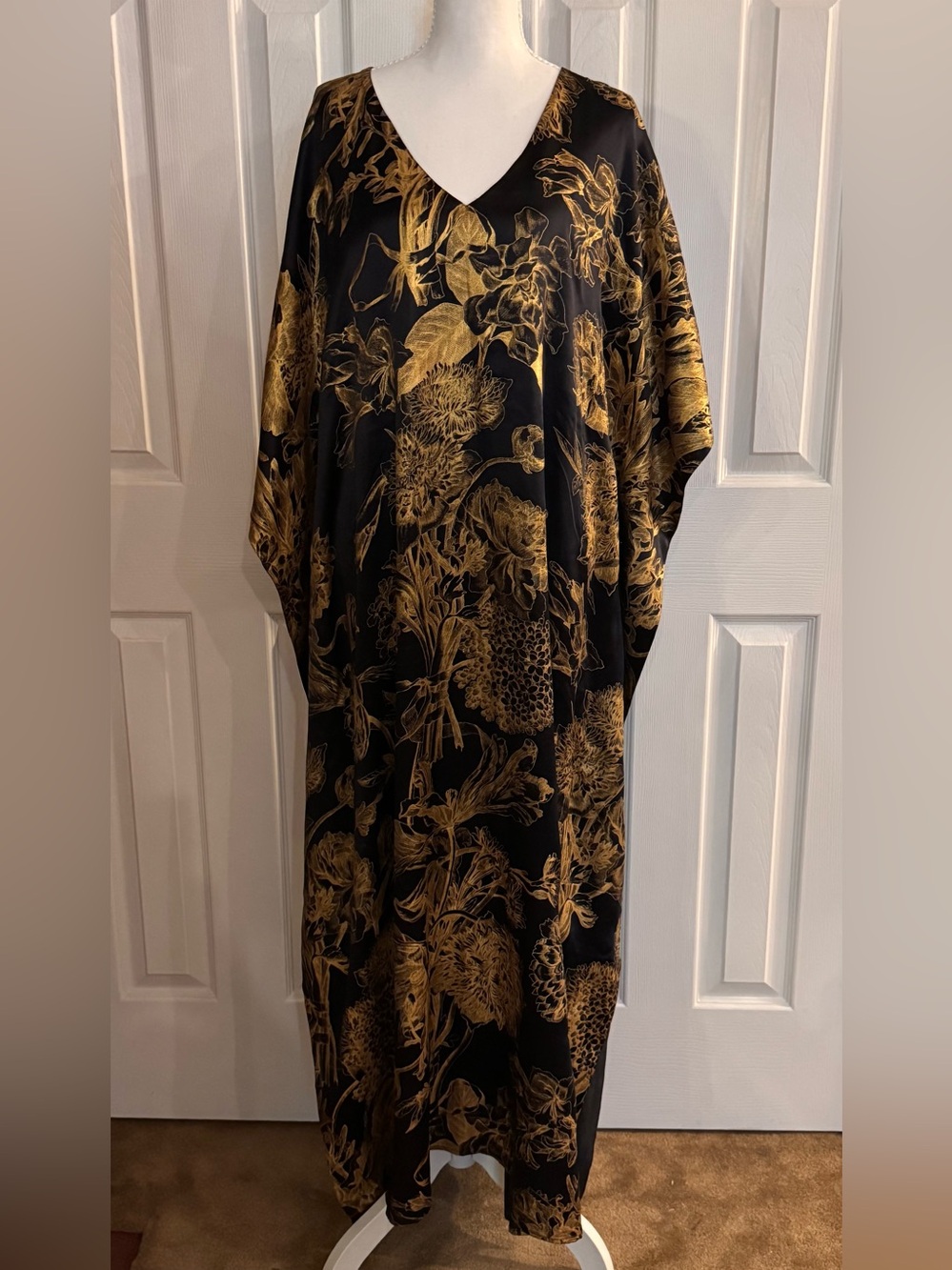 NICOBLU - SHIREEN BLACK SILK KAFTAN IN BRONZE GOLD FLORAL TOILE